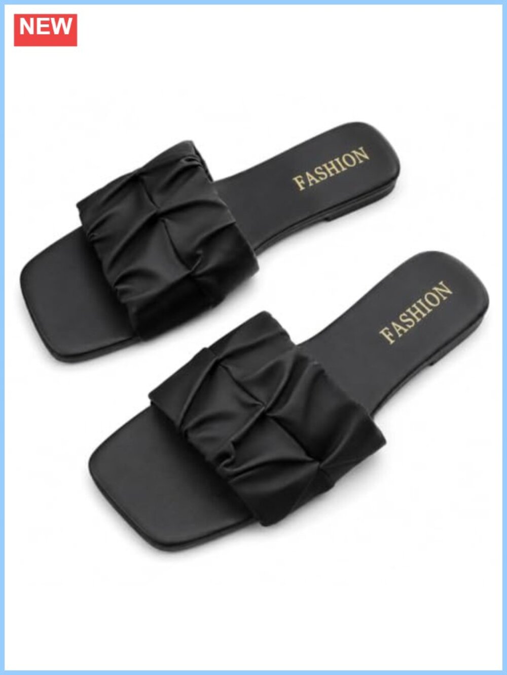 Ruched Square Toe Faux Leather Slip On Slide Mules Open Toe Flat Sandals